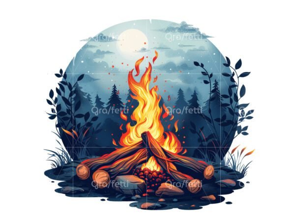 Clip art illustration of a campfire under moonlight in a circular vignette