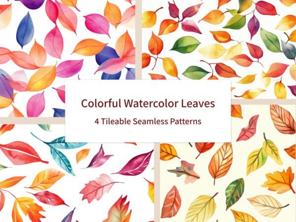 Four colorful watercolor leaves patterns behind a product name, reading "Colorful Watercolor Leaves"