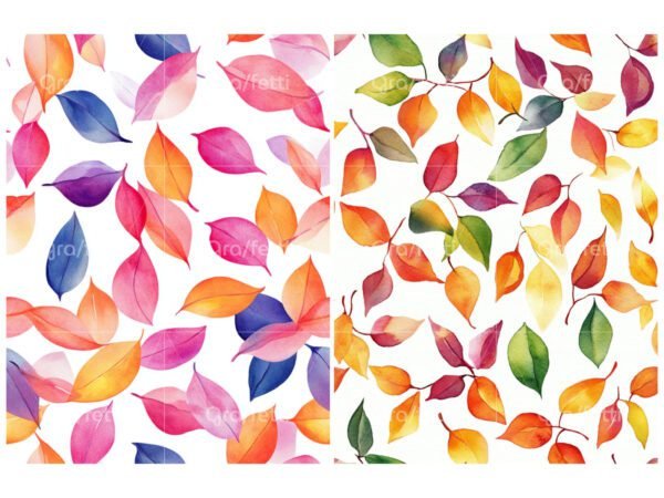 Colorful water color leaves patterns 1 and 2 displayed side by side.