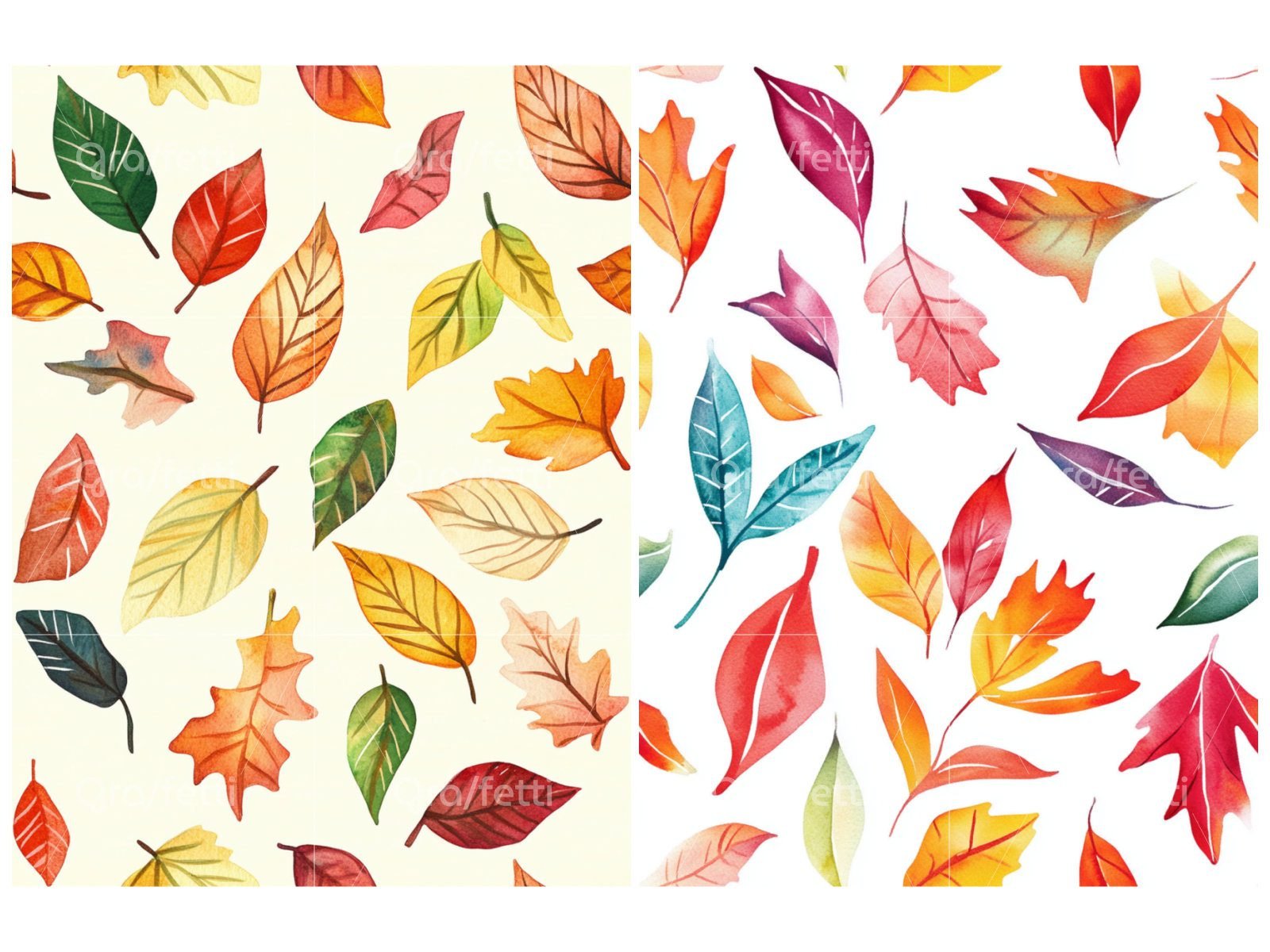 Colorful watercolor leaves patterns 3 and 4 displayed side by side