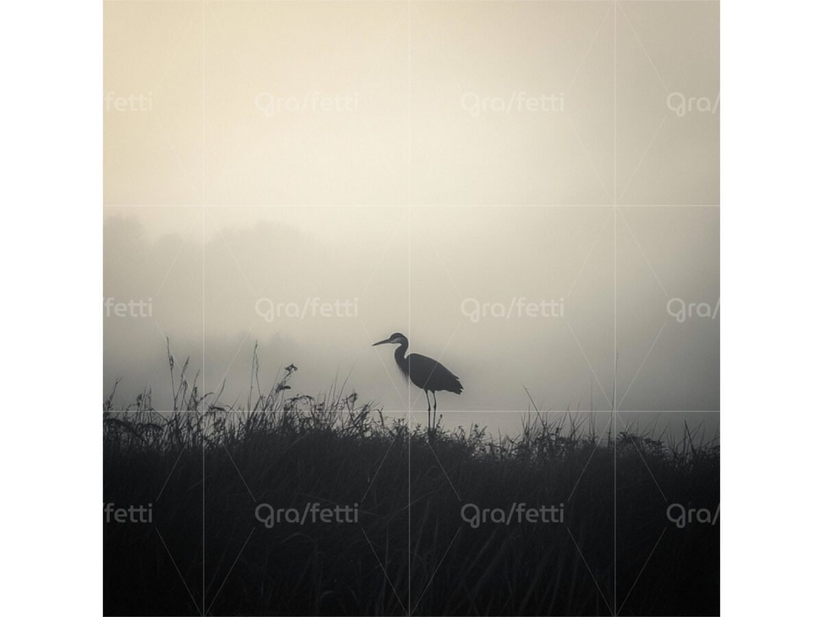 Silhouette of a great blue heron standing in a misty wetland