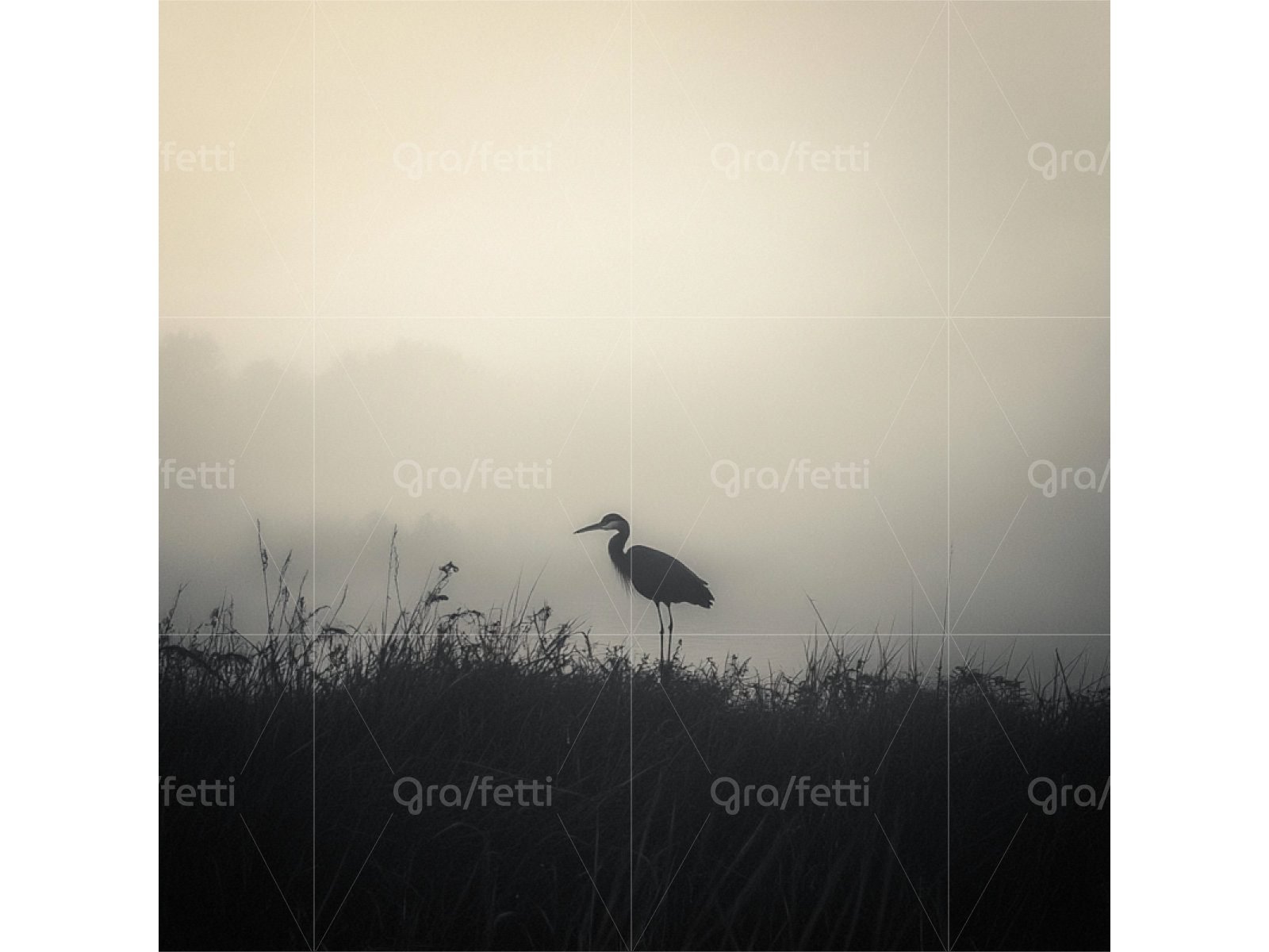 Silhouette of a great blue heron standing in a misty wetland