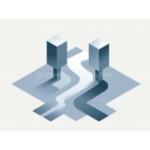 A blue and gray isometric illustration of two towers and a river.