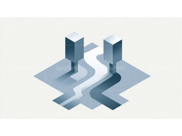 A blue and gray isometric illustration of two towers and a river.