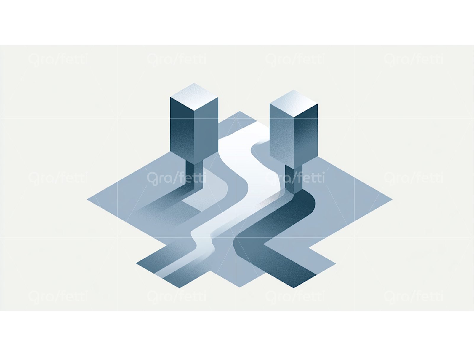 A blue and gray isometric illustration of two towers and a river.