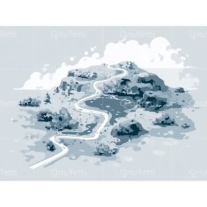 Blue and gray illustration of a river winding down a mountain peak.