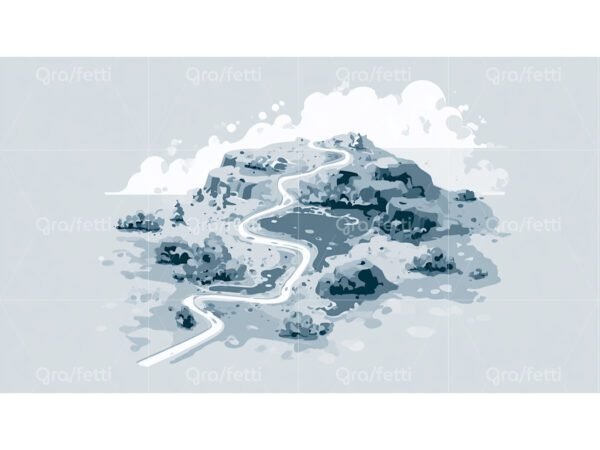 Blue and gray illustration of a river winding down a mountain peak.