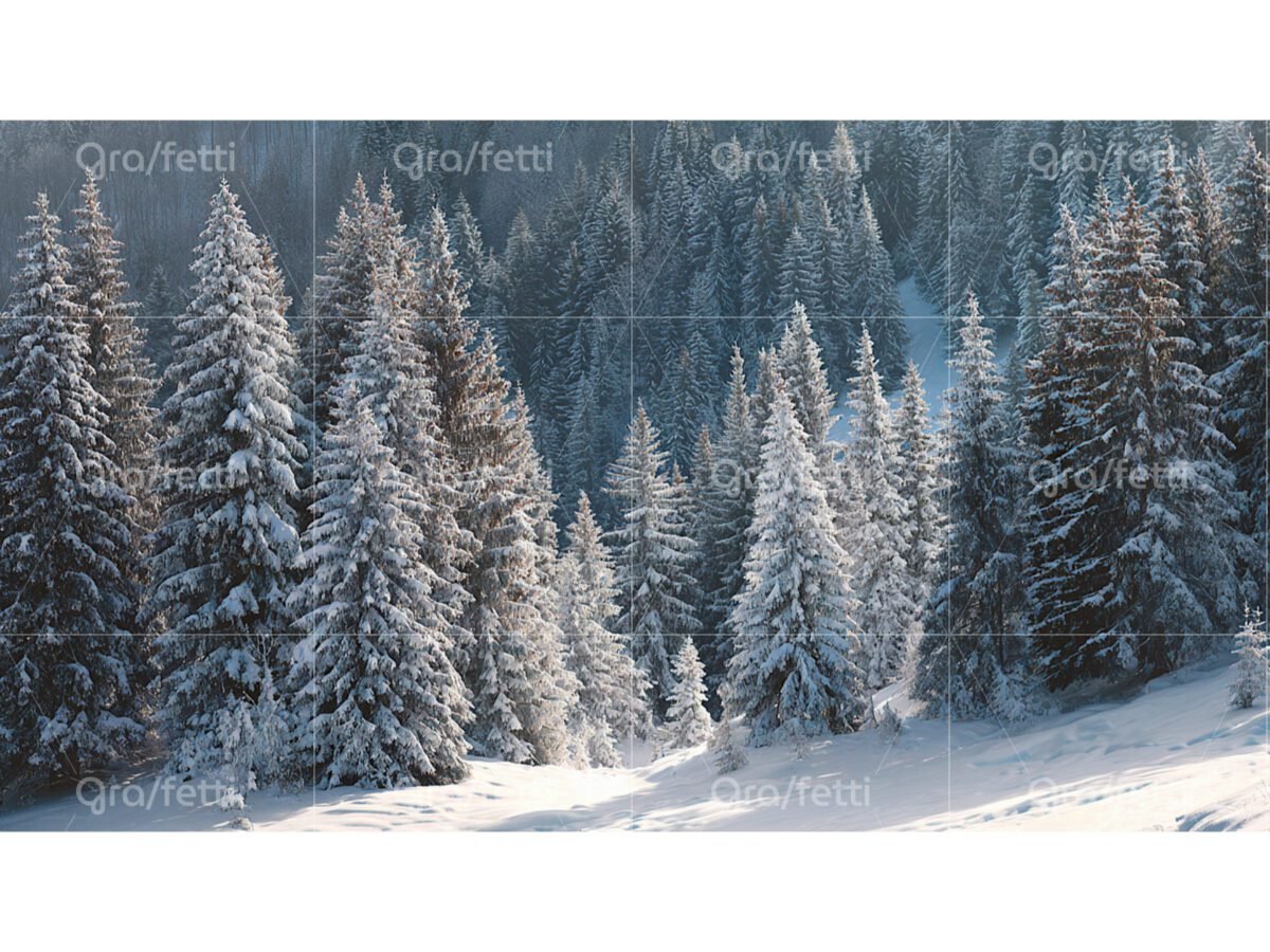 Snow-covered pine trees on a mountain slope on a winter day