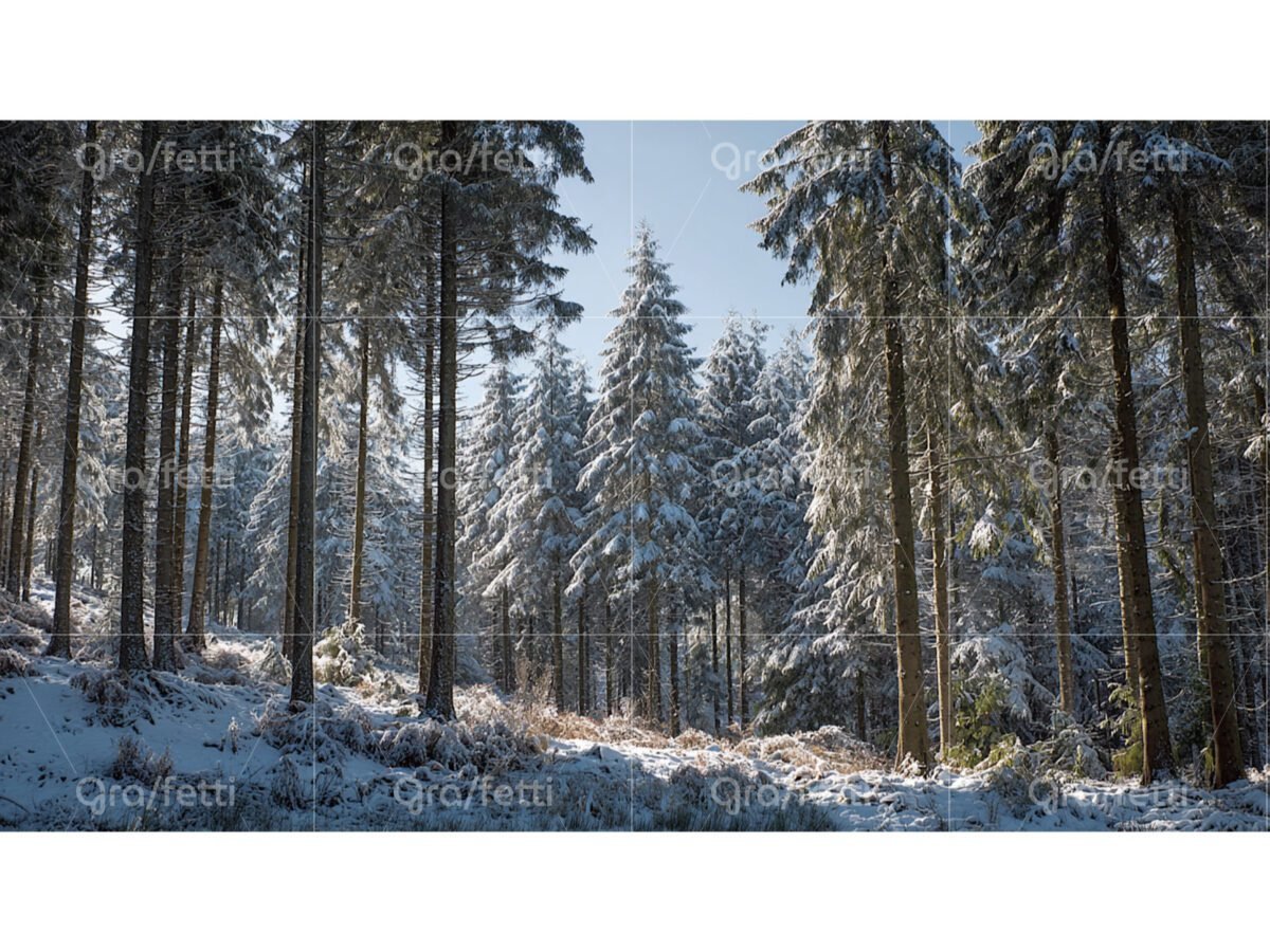 Sunlit snowy pine forest winter landscape