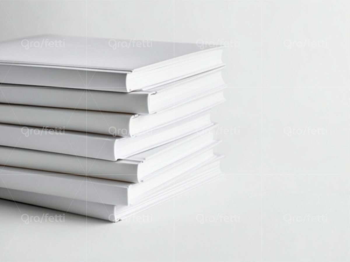 A stack of books with minimal color palette of white and gray.