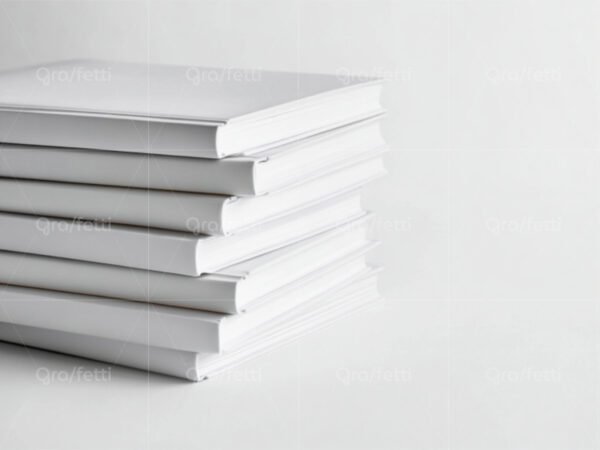 A stack of books with minimal color palette of white and gray.