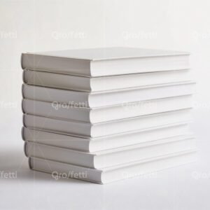 A neat stack of eight hardcover books in minimal white and gray colors.