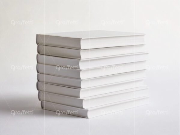 A neat stack of eight hardcover books in minimal white and gray colors.
