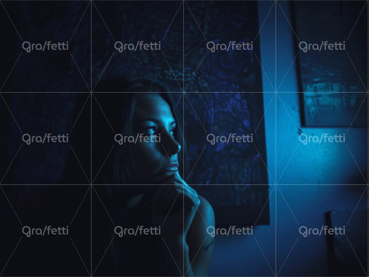 A contemplative woman sits in a room dimly lit with blue light.
