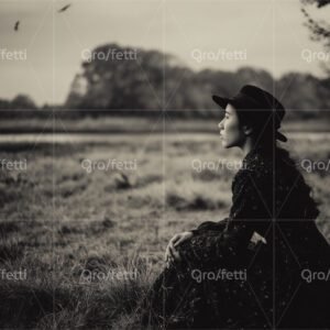 Sepia-toned, vintage-look portrait of a contemplative woman sitting in a meadow.