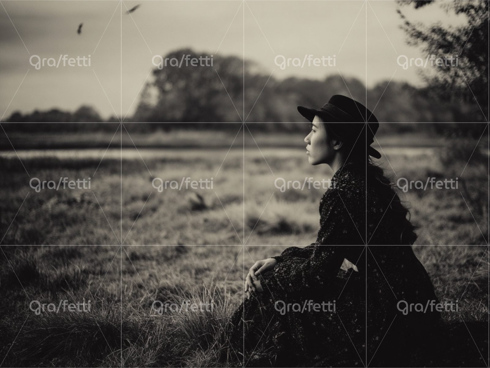 Sepia-toned, vintage-look portrait of a contemplative woman sitting in a meadow.